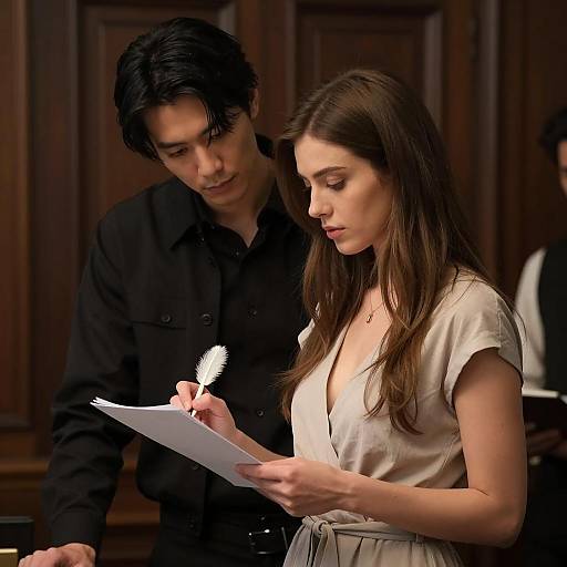 Man and Woman Writing with Quill in Dimly Lit Room
