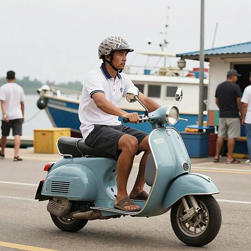 Photograph of a man in a white shirt and black shorts riding a light blue scooter, wearing a patterned helmet, on a waterfront street with boats