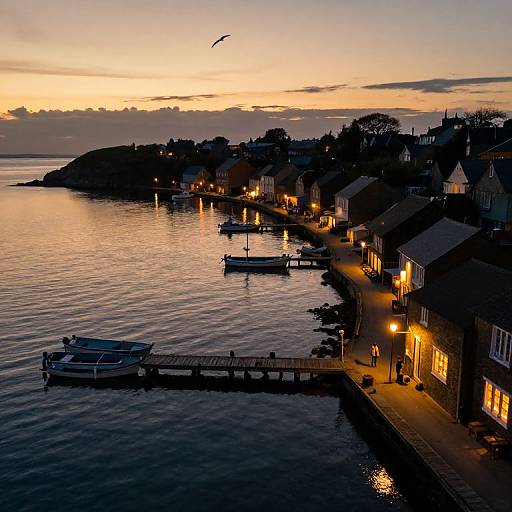 Photograph of a serene waterfront village at sunset, with warm orange-yellow lights illuminating houses and boats, calm water reflecting the sky.