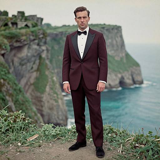Photograph of a handsome man in a dark brown tuxedo with black bow tie, standing on a cliff overlooking the ocean.