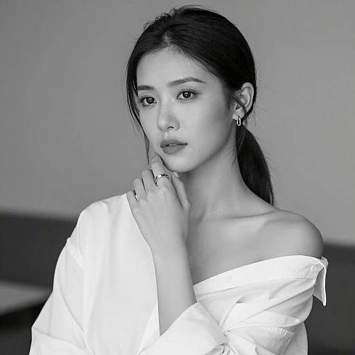 Black and White Portrait of Woman in White Shirt