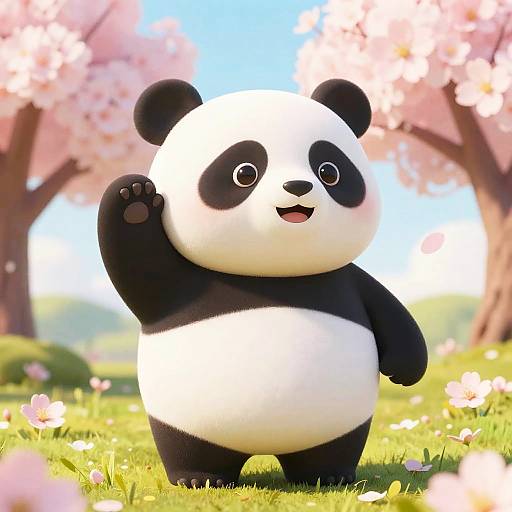 Cute CGI panda standing on grass, waving with one paw, under blooming cherry blossoms, bright blue sky, sunny day.