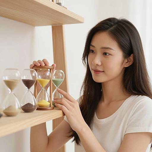Photograph of an Asian woman with long black hair, wearing a white t-shirt, examining three hourglasses on wooden shelves.