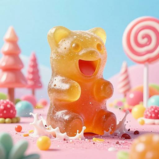 Bright, colorful CGI image of a happy, orange, bear-shaped lollipop with a wide open mouth, surrounded by candy and sugary treats.