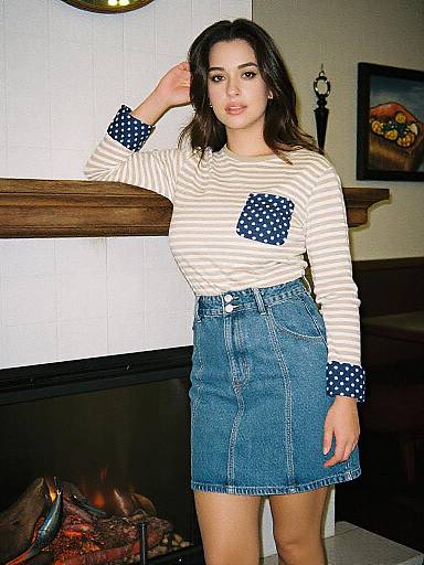 Photograph of a young woman with dark hair, wearing a striped long-sleeve shirt with polka dot patches, and a high-waisted