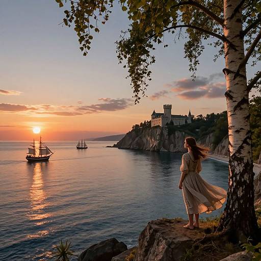Photograph: Sunset over a serene coastal cliff, woman in flowing dress stands beside a birch tree, castle on distant shore, sailing ships on calm