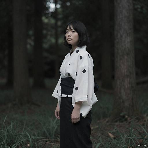 Asian Woman in Polka Dot Kimono in Forest