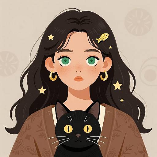 Young Girl with Black Cat Illustration