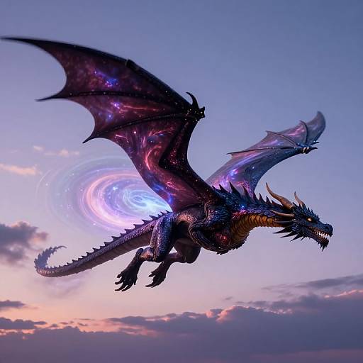 Digital artwork of a dark, starry-winged dragon soaring against a twilight sky with swirling, ethereal blue and purple lights.
