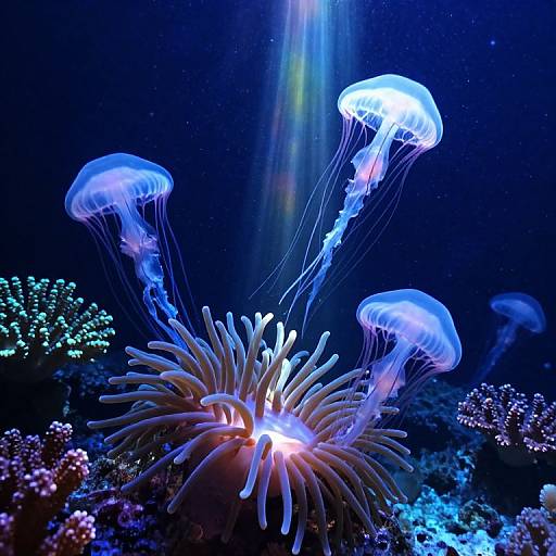 Photograph of glowing blue jellyfish with translucent bodies and long tentacles, floating above a radiant coral reef in a dark, underwater ocean scene.