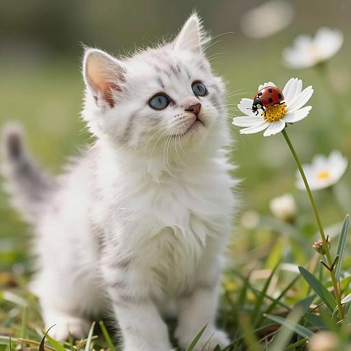 Curious Kitten with Ladybug in Sunlight