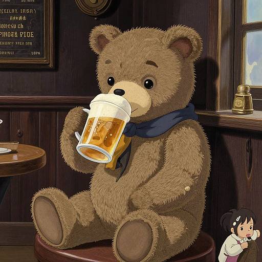 Digital illustration of a brown teddy bear with a blue scarf, sitting on a stool, drinking beer in a cozy, wooden bar. A small anime