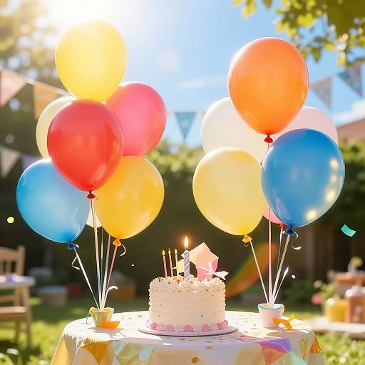 Photograph of a sunny outdoor birthday celebration with a white cake adorned with candles, surrounded by colorful balloons (red, orange, yellow, blue) on