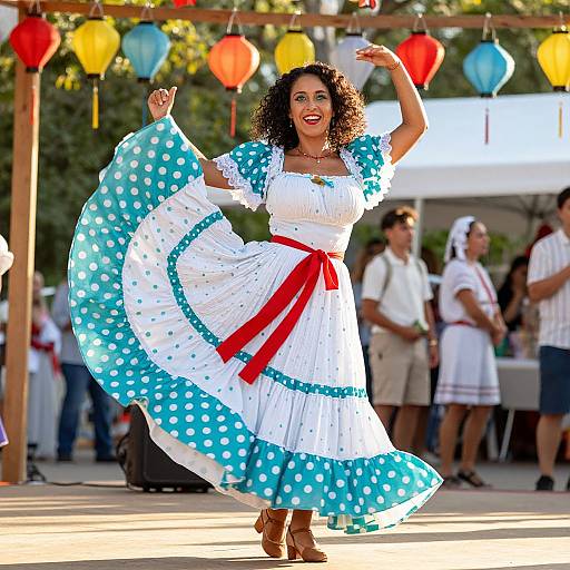 Photograph of a smiling, curly-haired woman in a white and turquoise polka-dot dress with red ribbon, dancing outdoors under colorful lanterns.