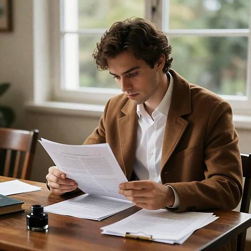 Focused Reader at Wooden Desk Scene