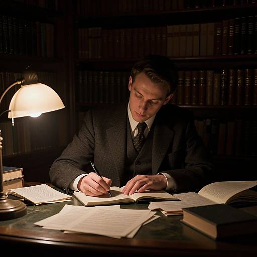 Man Writing in Dark Library Ambiance