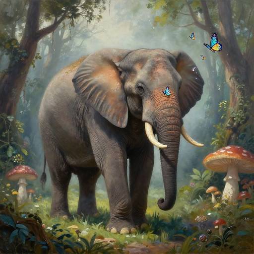 Digital illustration of a majestic, gray elephant with glowing blue fireflies and butterflies, standing in a lush, enchanted forest with vibrant mushrooms and sunlight filtering through