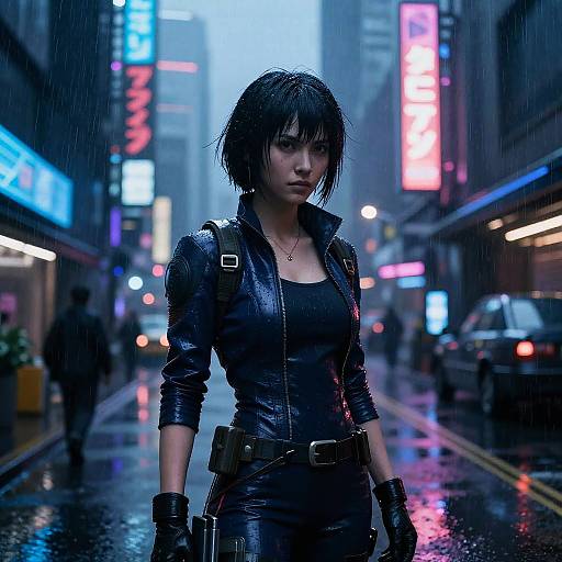 Digital art: Rainy neon-lit city street, dark-haired woman in black leather jacket and gloves, serious expression, wet pavement, glowing signs in