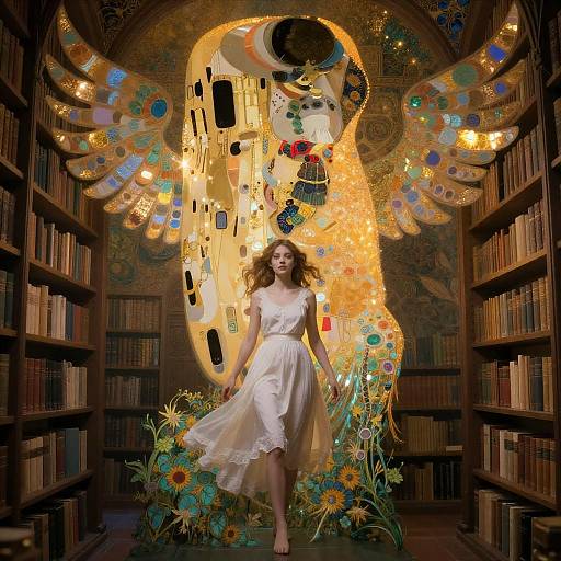 Photograph of a woman in a white dress, standing before a glowing, winged, abstract golden sculpture adorned with colorful lights and flowers, in a