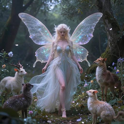 Fairy queen with glowing blue wings, white dress, and crown walks through enchanted forest surrounded by deer, flowers, and soft light.