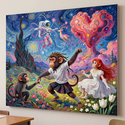 Digital painting: Monkeys dance with red-haired woman in white dress, surreal night sky with swirling colors, stars, and heart-shaped cloud. Vibrant
