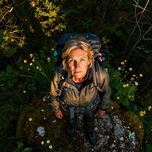Photograph of a middle-aged woman with blonde hair, wearing a green jacket and backpack, standing in a sunlit forest with yellow wildflowers, looking