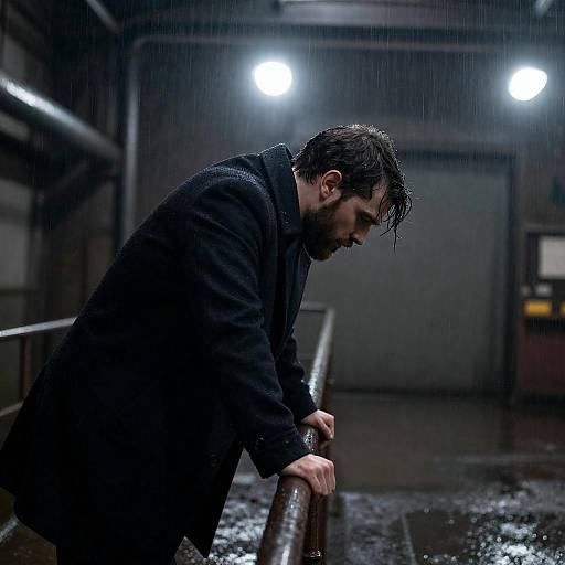 Pensive Man Leaning on Railing in Rainy Industrial Setting