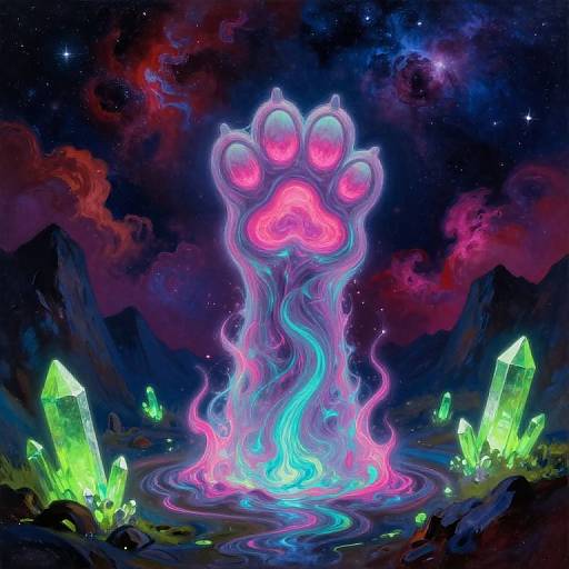 Digital artwork of a glowing pink and blue paw-like figure with neon eyes, surrounded by green crystals and vibrant cosmic clouds.