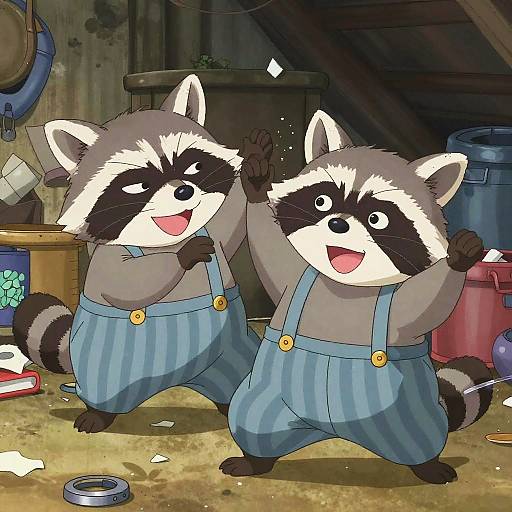 Two cheerful cartoon raccoons in blue striped overalls dancing in a cluttered, wooden workshop with paint cans, tools, and scattered items.