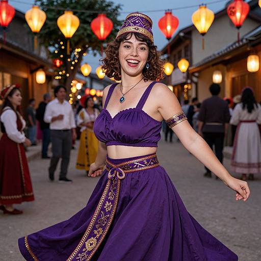 Photograph of a smiling woman with curly brown hair, wearing a purple traditional dress and headpiece, dancing in a lantern-lit, evening street festival