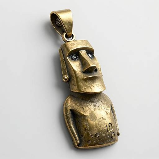 Photograph of a bronze pendant featuring a stylized Moai head with blue glass eyes, textured surface, and a loop for chaining.