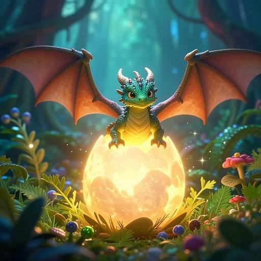 A vibrant digital illustration of a cute, blue-green dragon with red wings, perched on a glowing yellow moon in a lush, enchanted forest filled with