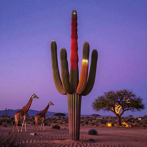 Mystical Saguaro Cactus with Giraffes at Dusk