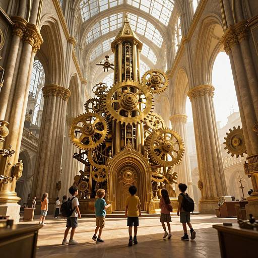 Photograph of a grand cathedral interior with towering columns, sunlight streaming through arched windows, and a large, intricate golden clock mechanism with gears in the