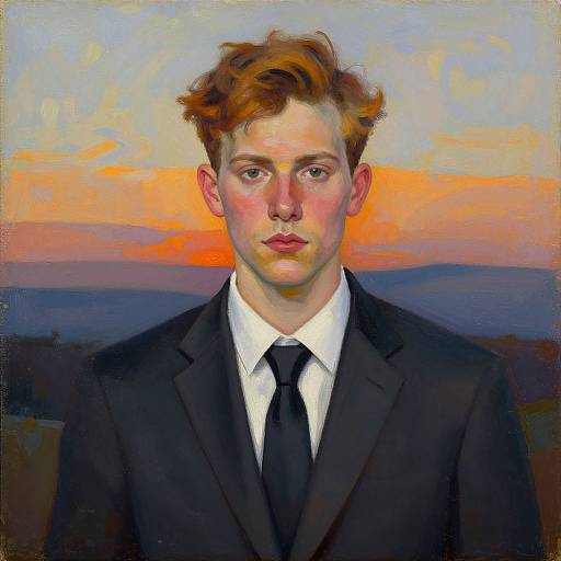 Digital painting of a serious young man with red hair, wearing a black suit, white shirt, and black tie, against an orange and blue sunset background