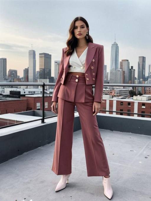 Woman in Dusty Rose Suit on Urban Rooftop