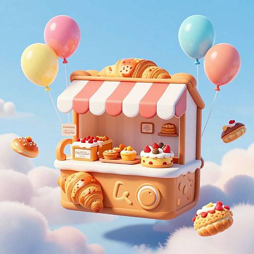Whimsical 3D digital illustration of a pastel-colored, floating bakery cart with striped awning, surrounded by balloons and floating desserts, set