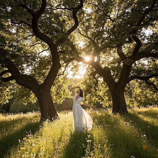 Photograph of a bride in a white dress, silhouetted against sunlight filtering through large trees, standing in a sunlit meadow.