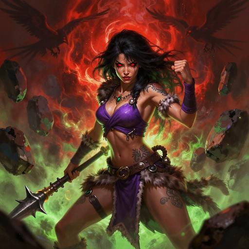 Digital artwork of a fierce, dark-haired warrior woman with tattoos, purple armor, and fur loincloth, wielding a spiked staff, set against a