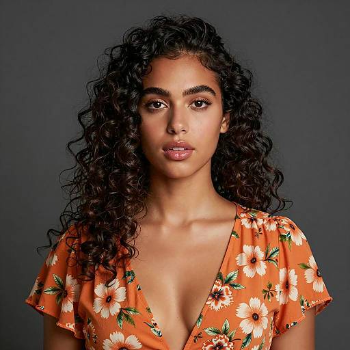 Young woman in orange floral dress