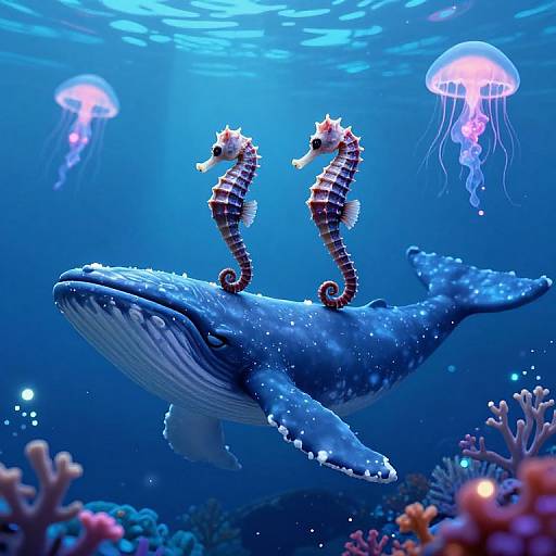 Photograph of two seahorses perched on a large blue whale, surrounded by glowing jellyfish and colorful coral in a vibrant underwater scene.