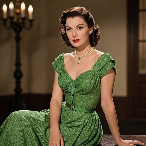 Vintage photograph of a fair-skinned woman with dark, wavy hair wearing a green, textured, 1940s-style dress and pearl necklace,