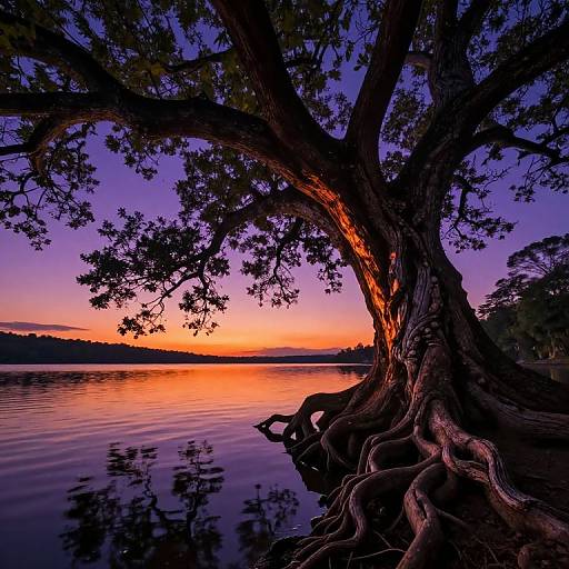 Photograph of a large, twisted tree with glowing orange bark at sunset, reflecting on a calm lake with a purple and orange sky.
