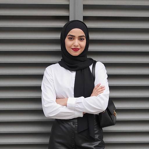 Photograph of a confident woman with medium skin tone, red lipstick, black hijab, white long-sleeve shirt, black scarf, and black