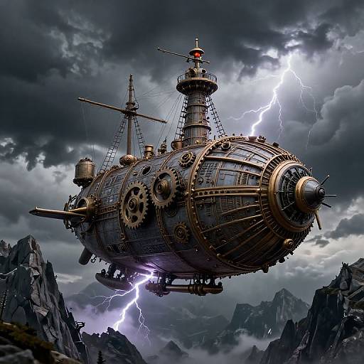 Steampunk airship with intricate gears and metal details, flying through a stormy sky with lightning bolts, over rocky mountains. (Digital art).