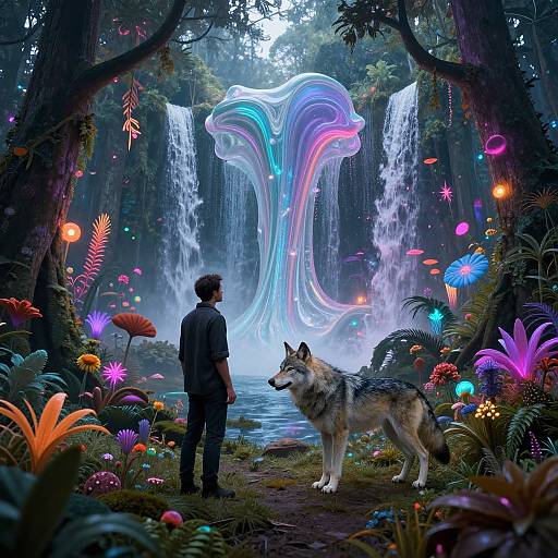 Digital fantasy artwork: Man in dark clothes and wolf stand before glowing, multicolored waterfall surrounded by vibrant, luminescent forest flora.