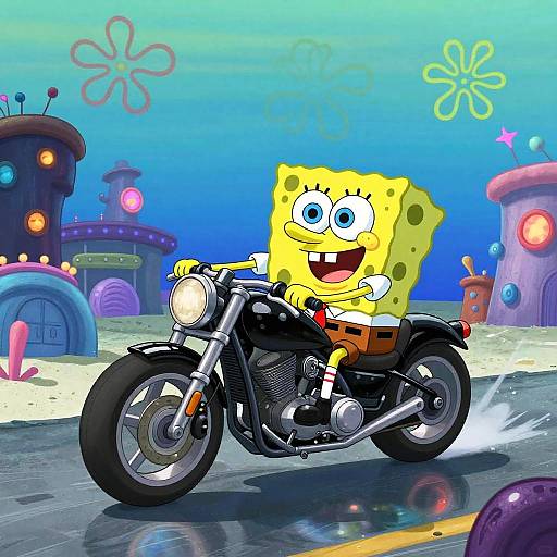SpongeBob SquarePants riding a black motorcycle in a vibrant, underwater cityscape with colorful buildings and flower-shaped decorations. Digital cartoon style.