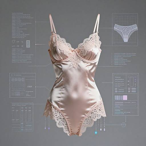 Photorealistic digital rendering of a satin pink camisole with lace trim, surrounded by technical blueprints and specifications on a gray background.