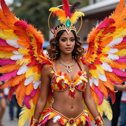 Photograph of a Black woman with curly hair, wearing vibrant orange, red, and yellow feathered wings and matching outfit, adorned with gold jewelry and