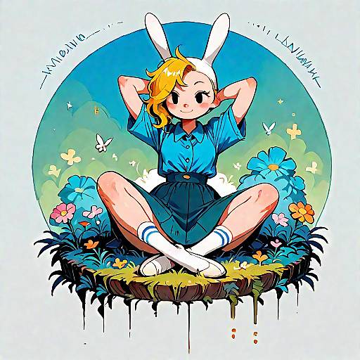 Digital drawing of a blonde girl with bunny ears, sitting cross-legged on grassy island, wearing blue shirt and skirt, white socks, surrounded by flowers